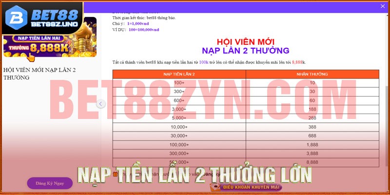 Khuyến mãi Bet88 nạp tiền lần 2 siêu khủng 